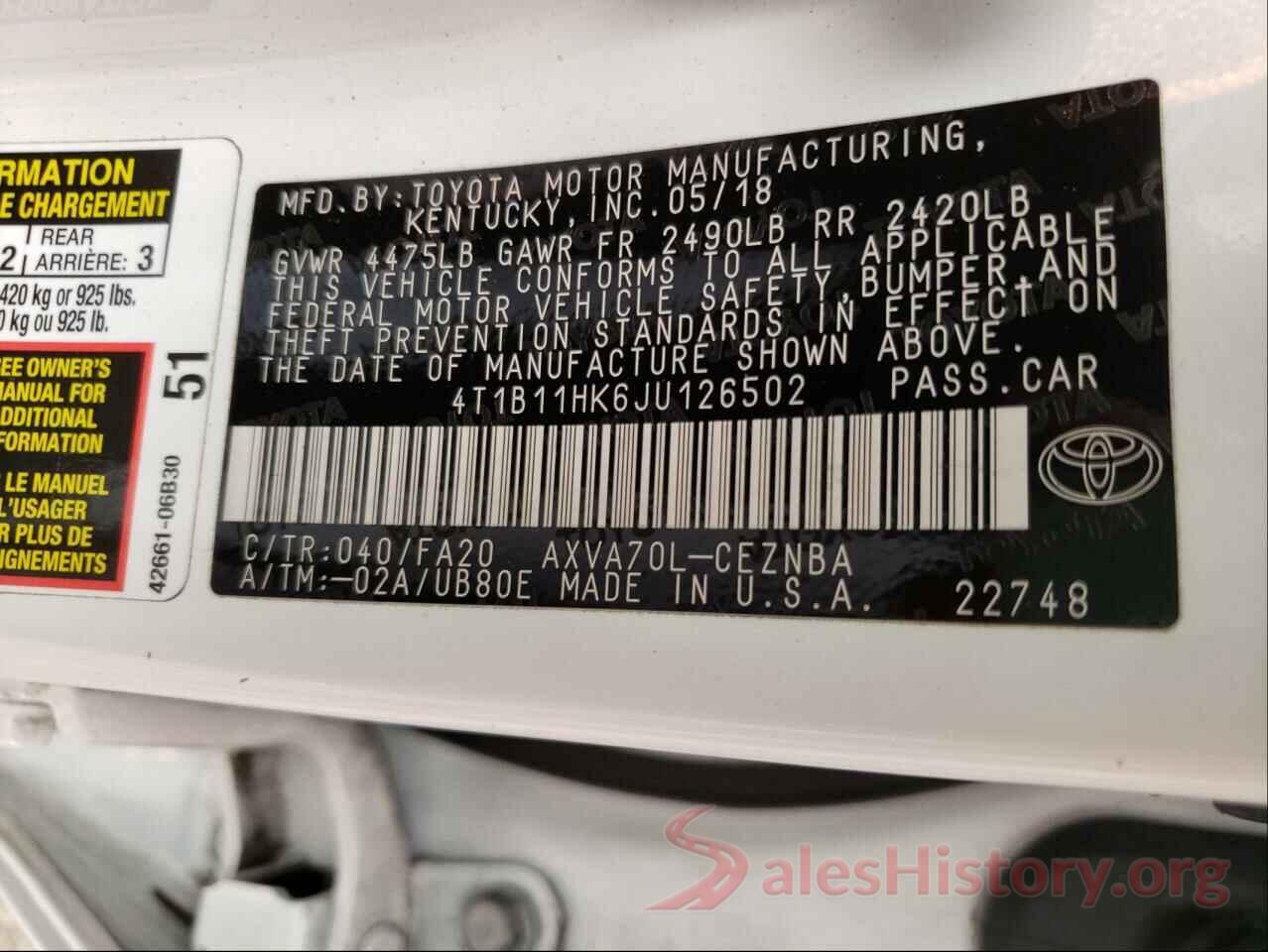 4T1B11HK6JU126502 2018 TOYOTA CAMRY