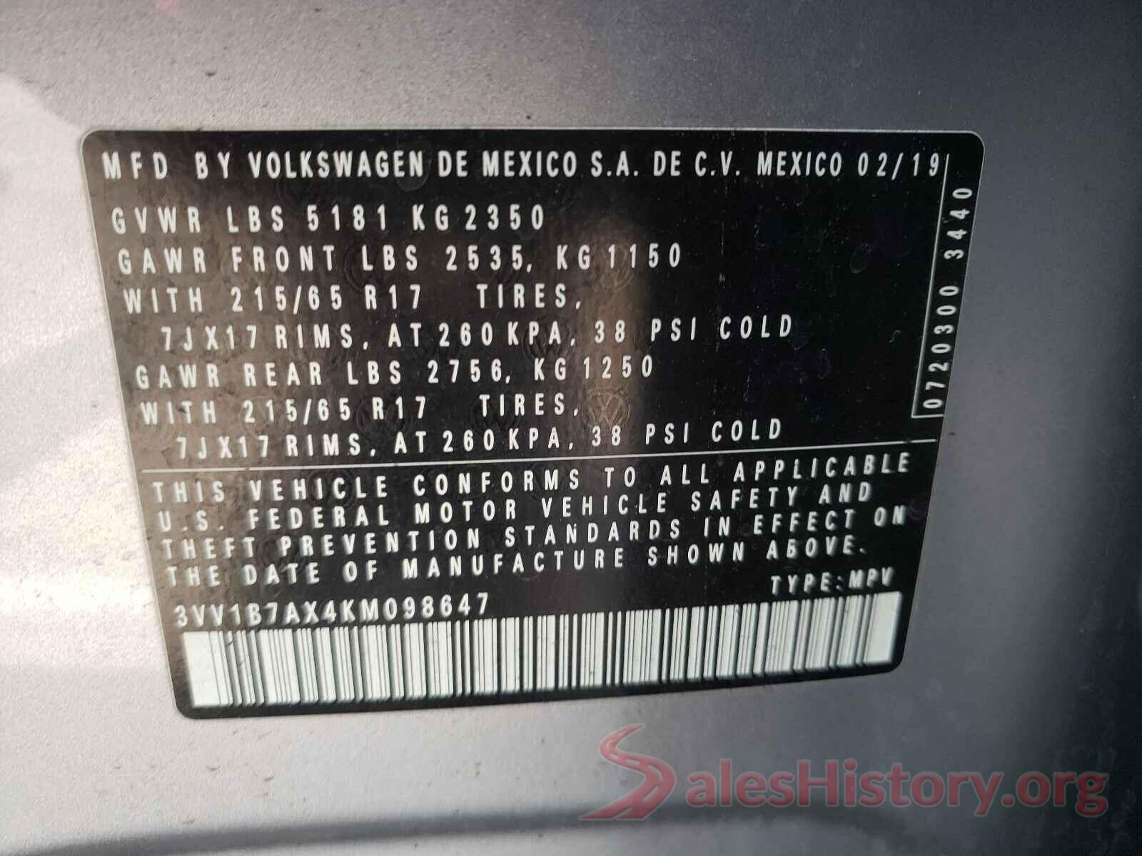 3VV1B7AX4KM098647 2019 VOLKSWAGEN TIGUAN