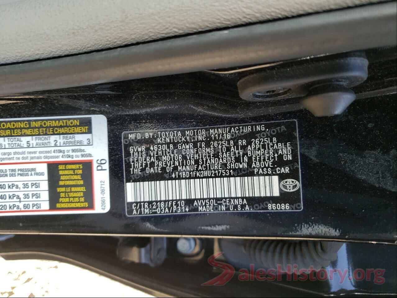 4T1BD1FK2HU217531 2017 TOYOTA CAMRY