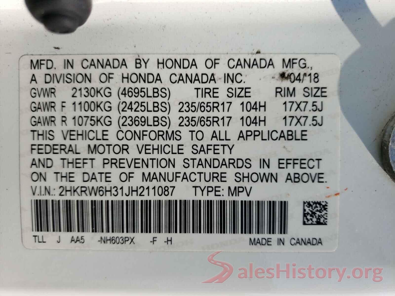 2HKRW6H31JH211087 2018 HONDA CRV