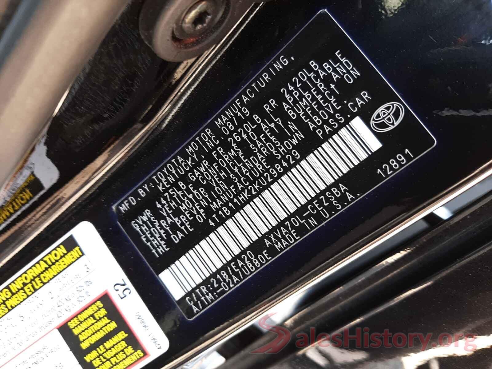 4T1B11HK2KU298429 2019 TOYOTA CAMRY