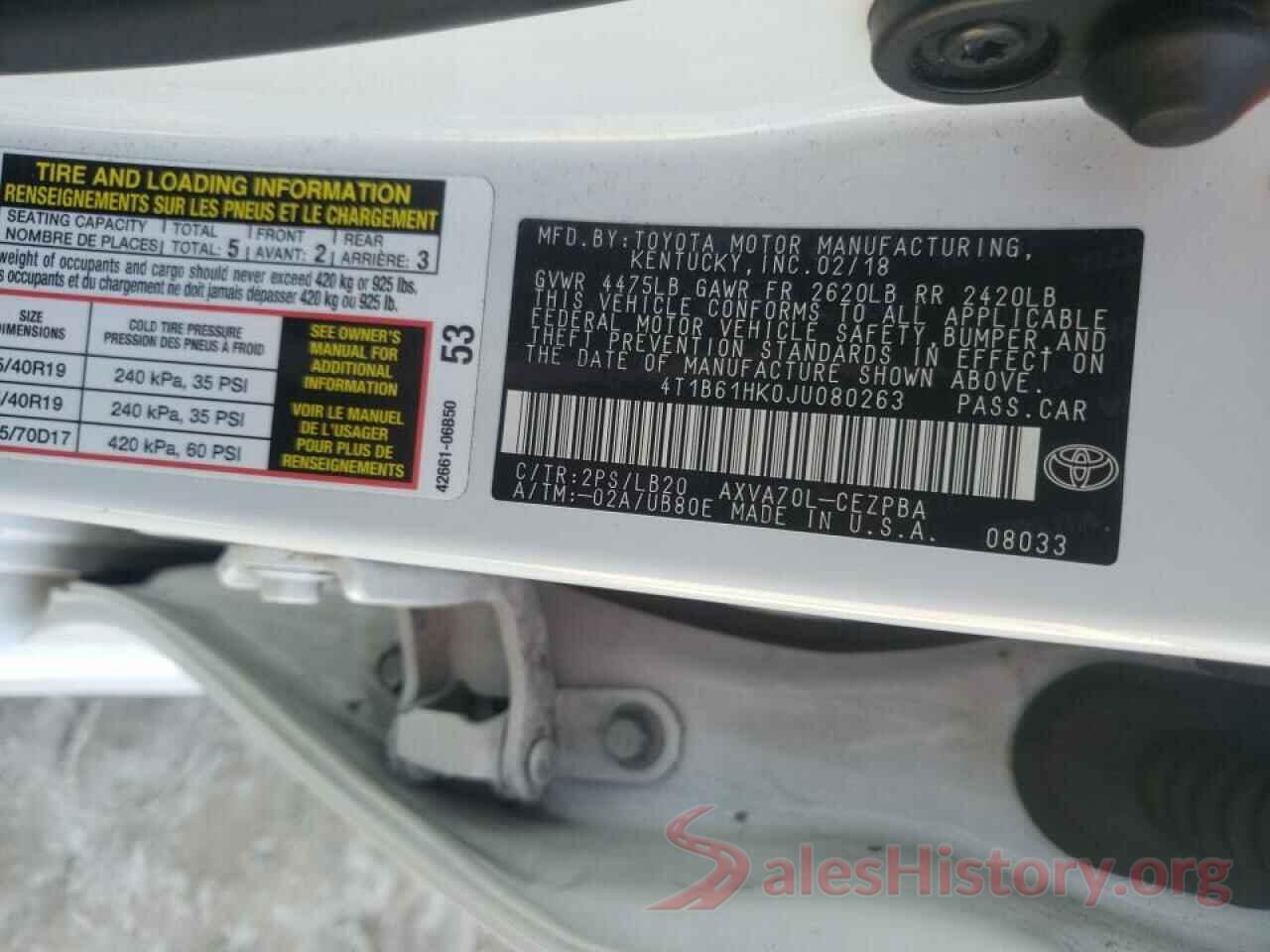 4T1B61HK0JU080263 2018 TOYOTA CAMRY