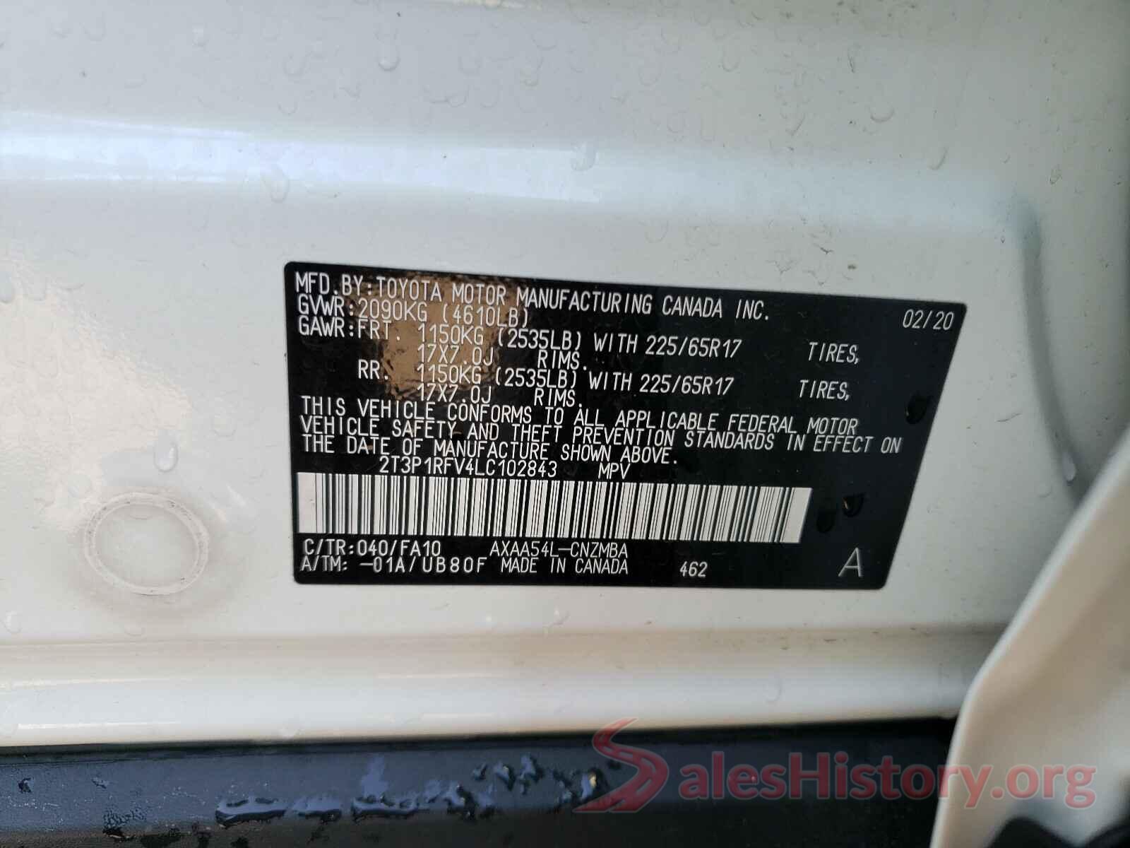 2T3P1RFV4LC102843 2020 TOYOTA RAV4