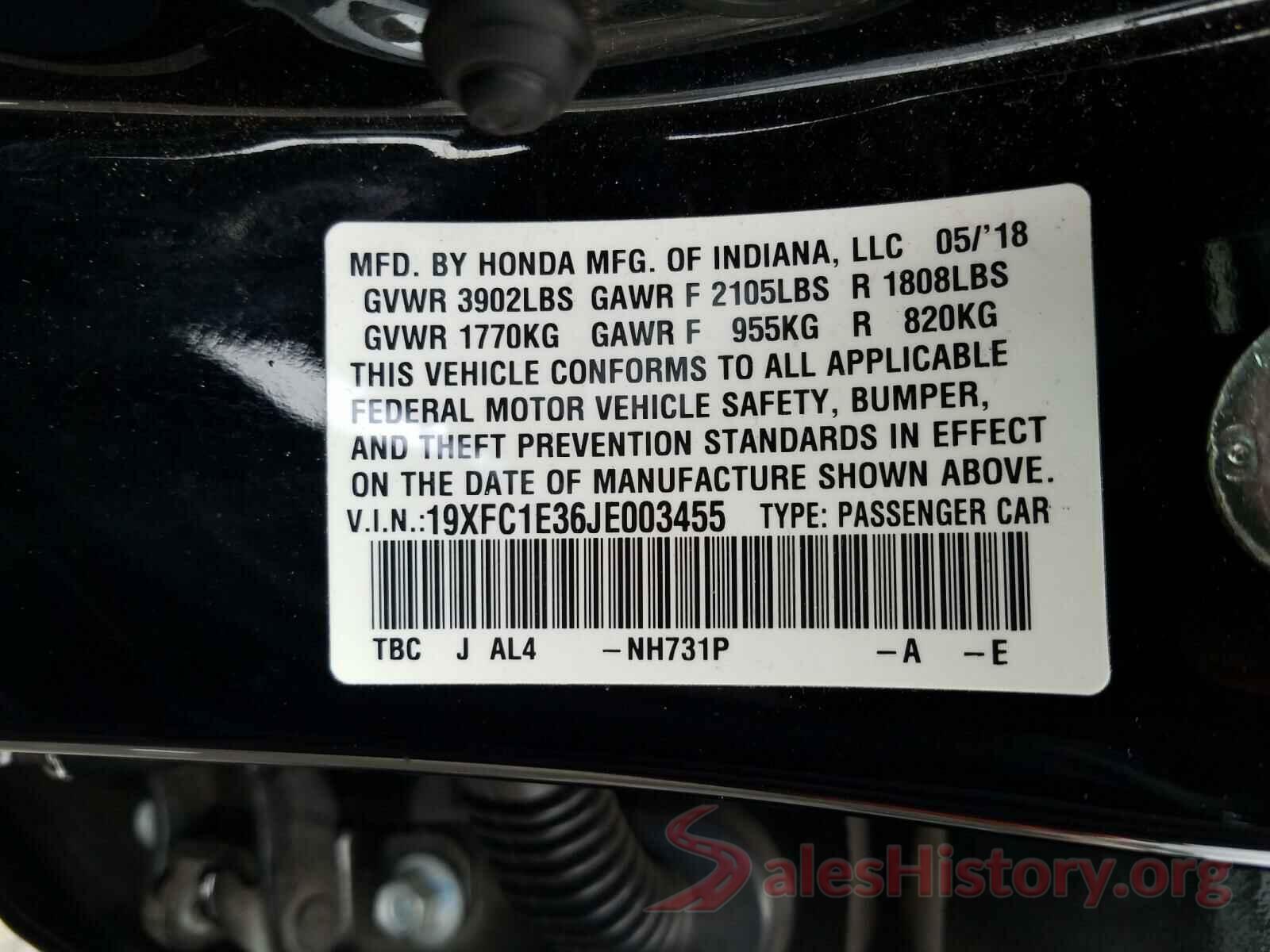 19XFC1E36JE003455 2018 HONDA CIVIC