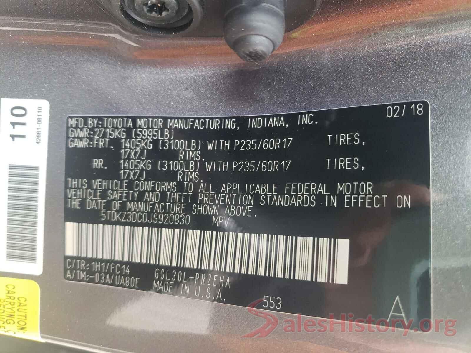 5TDKZ3DC0JS920830 2018 TOYOTA SIENNA