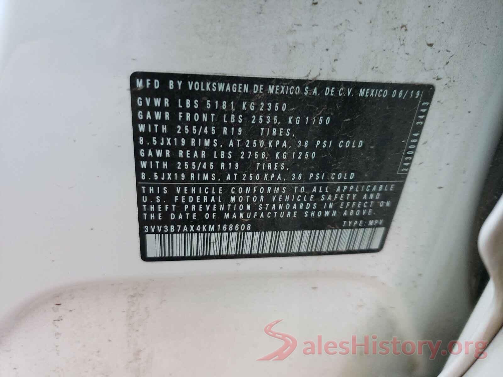 3VV3B7AX4KM168608 2019 VOLKSWAGEN TIGUAN