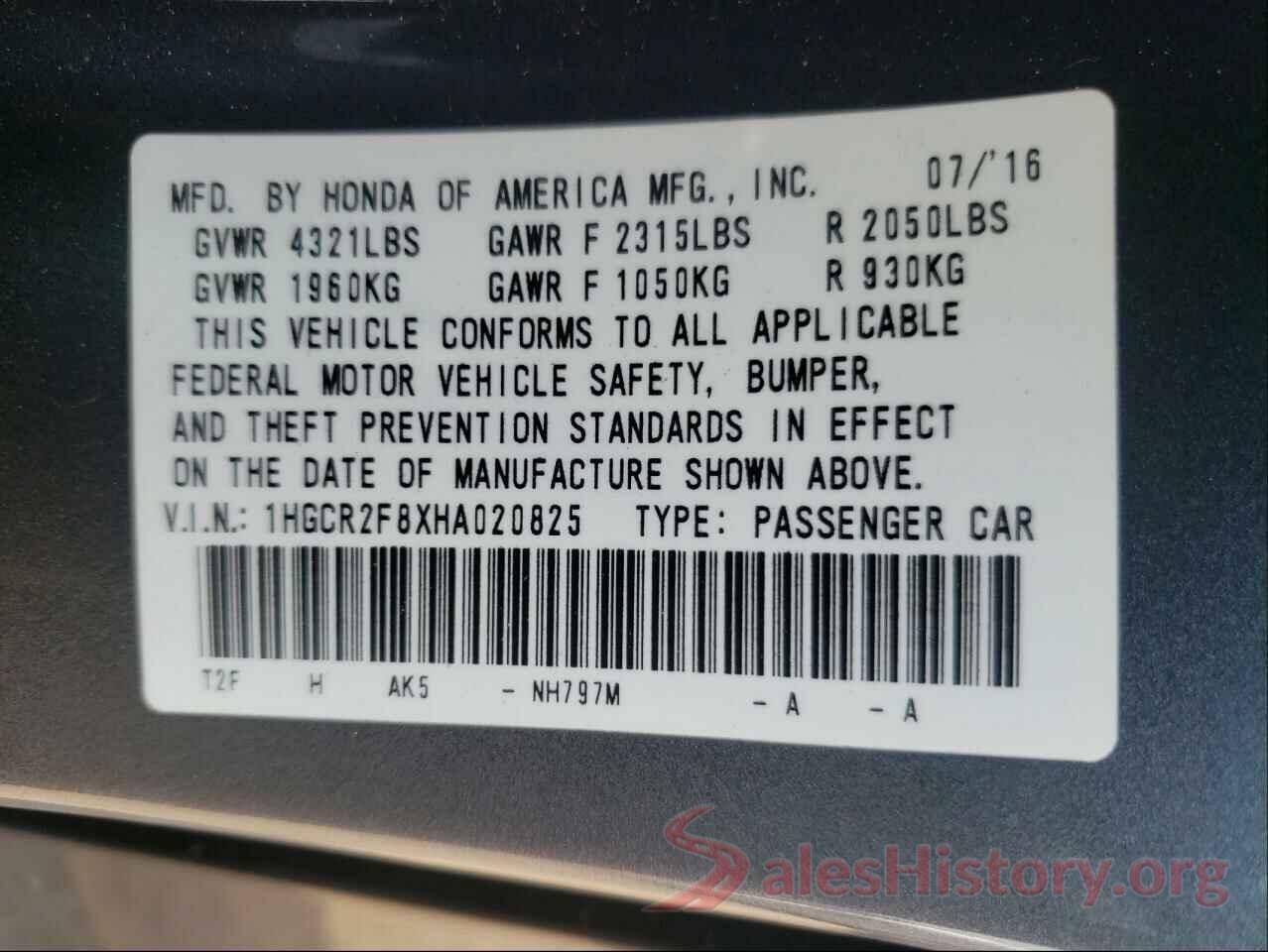 1HGCR2F8XHA020825 2017 HONDA ACCORD