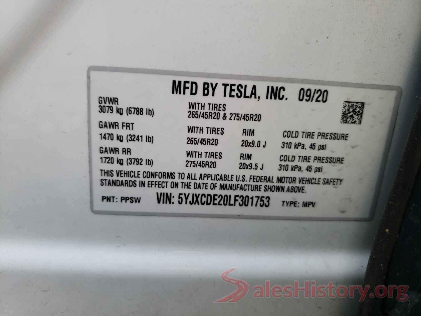 5YJXCDE20LF301753 2020 TESLA MODEL X