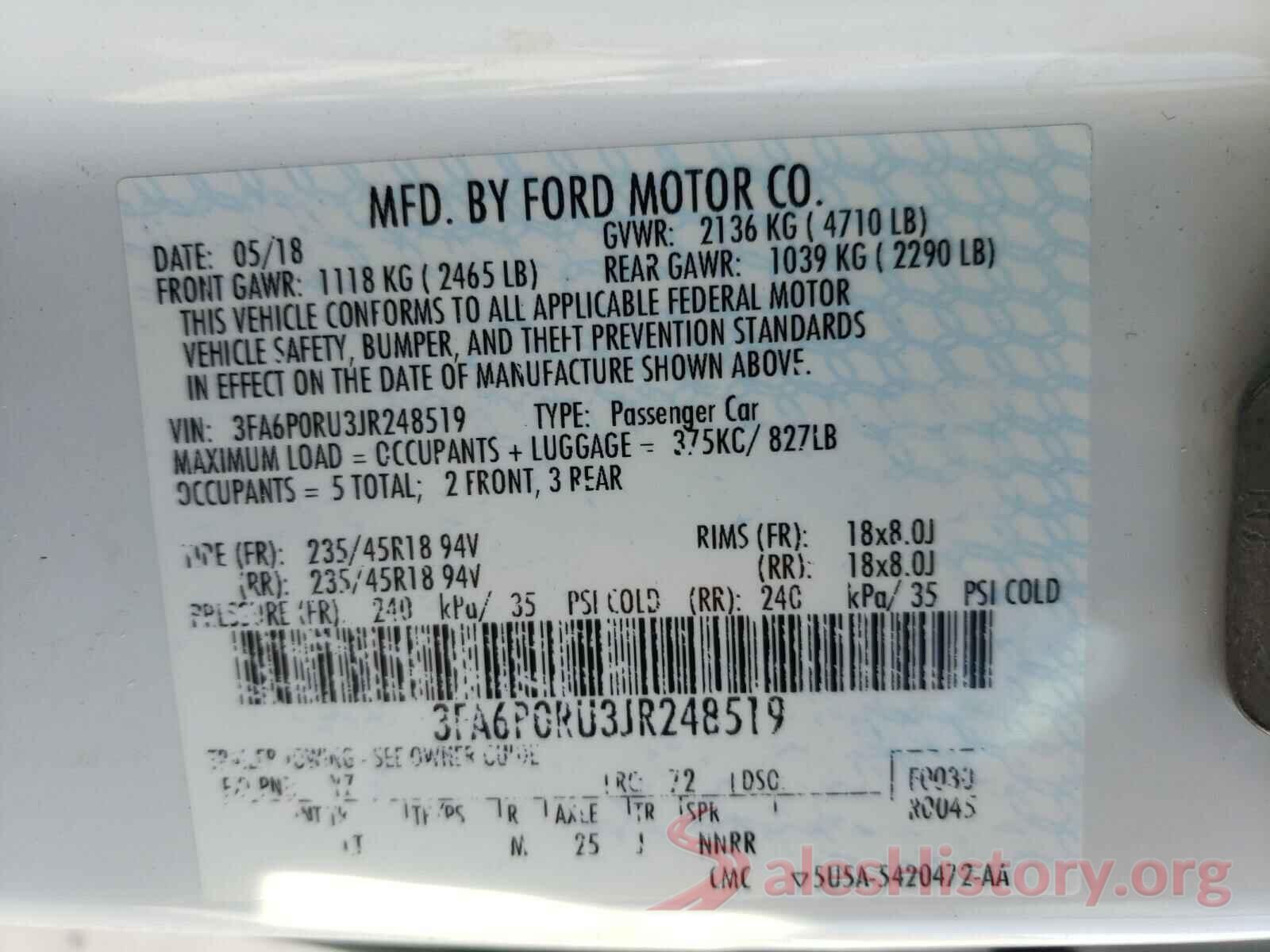 3FA6P0RU3JR248519 2018 FORD FUSION