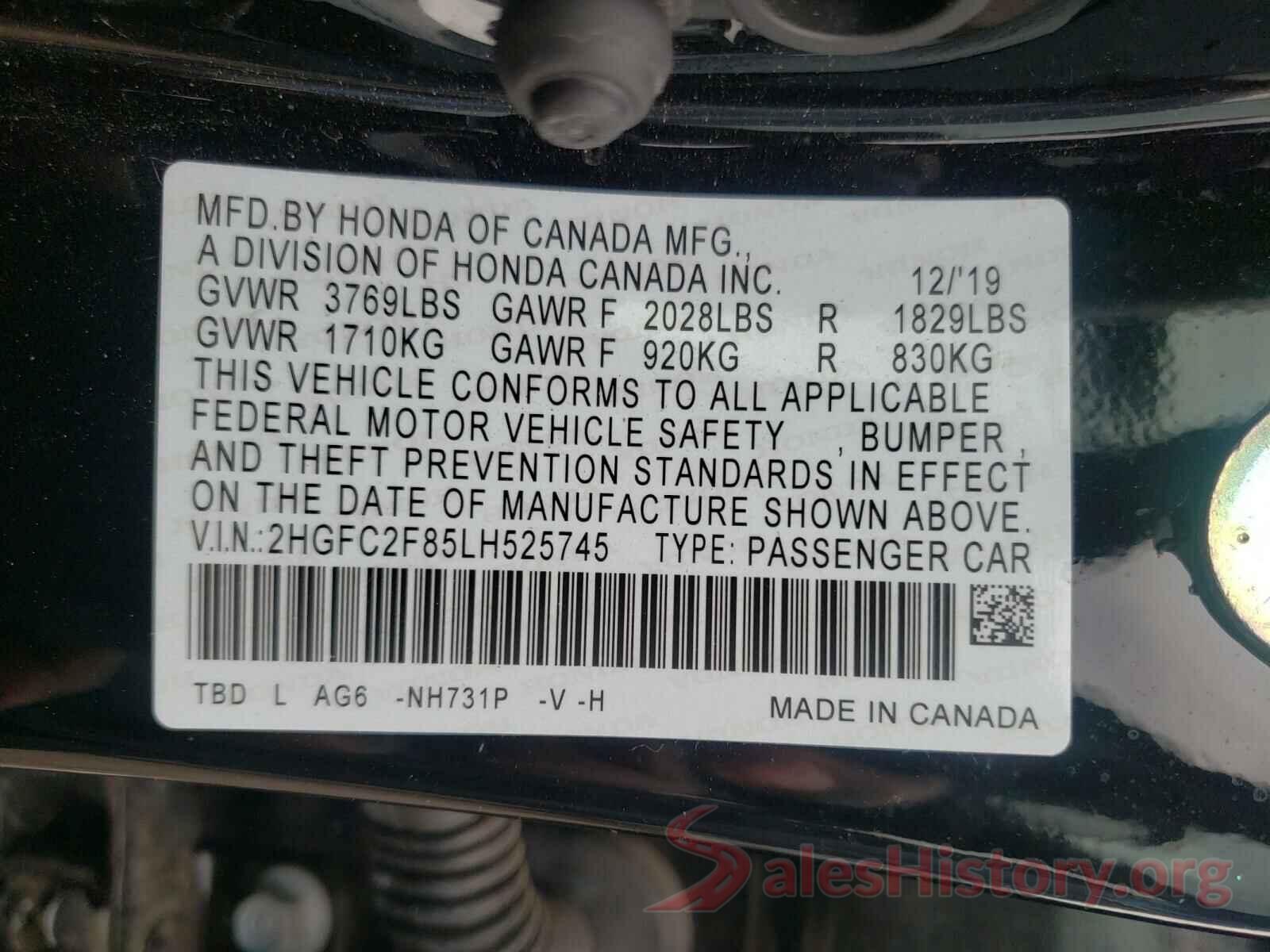 2HGFC2F85LH525745 2020 HONDA CIVIC