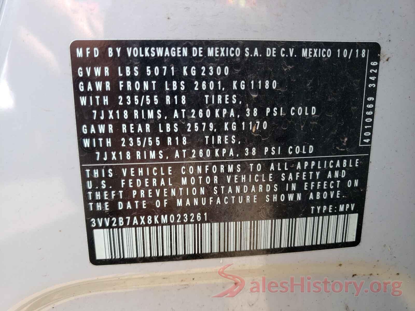 3VV2B7AX8KM023261 2019 VOLKSWAGEN TIGUAN