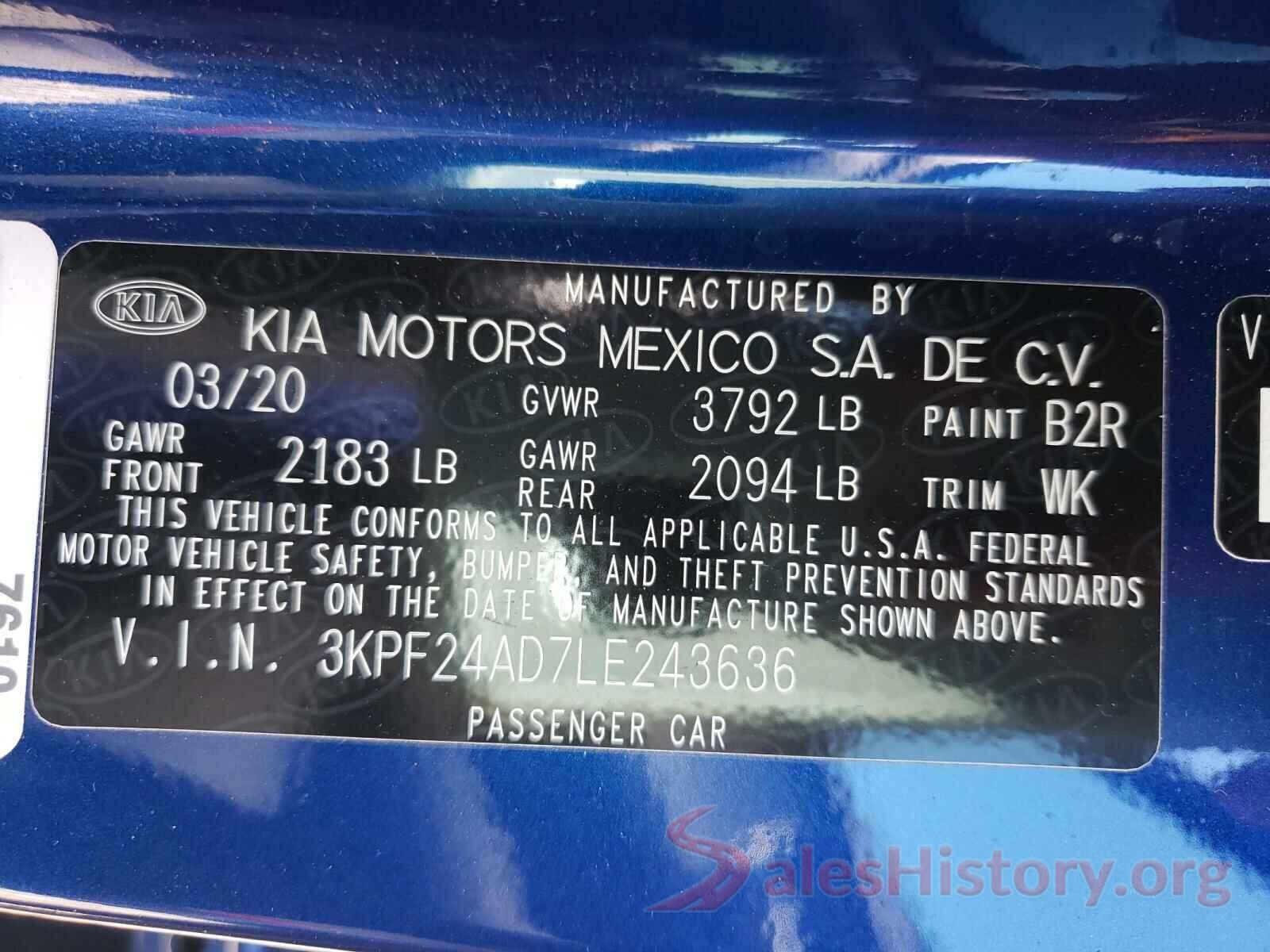 3KPF24AD7LE243636 2020 KIA FORTE