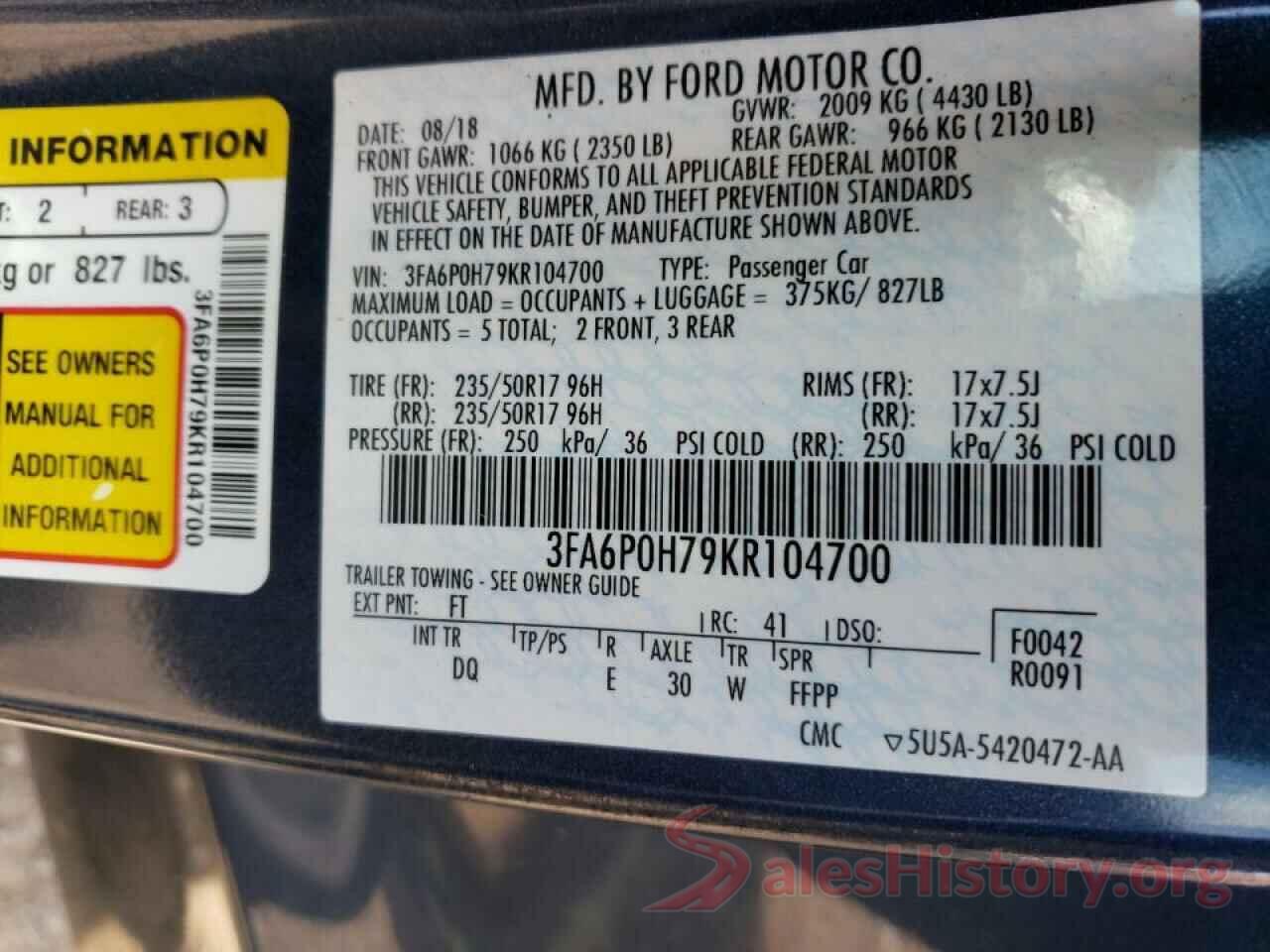 3FA6P0H79KR104700 2019 FORD FUSION