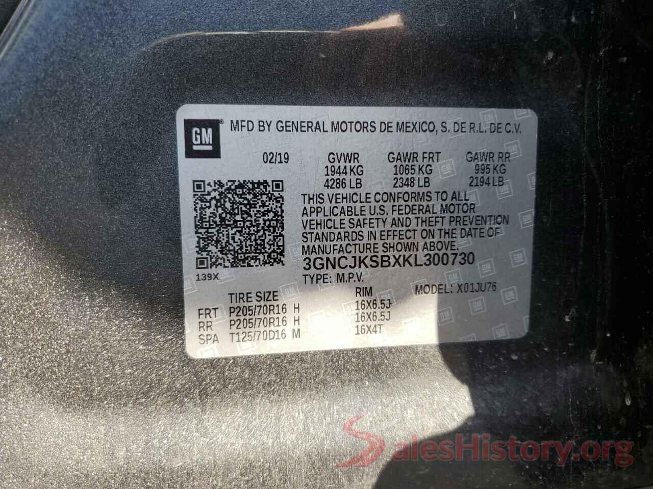 3GNCJKSBXKL300730 2019 CHEVROLET TRAX