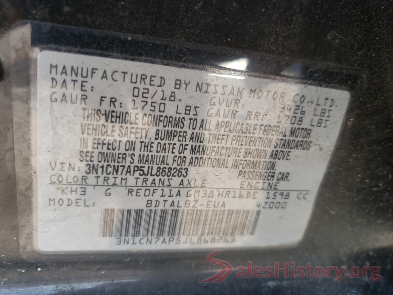 3N1CN7AP5JL868263 2018 NISSAN VERSA