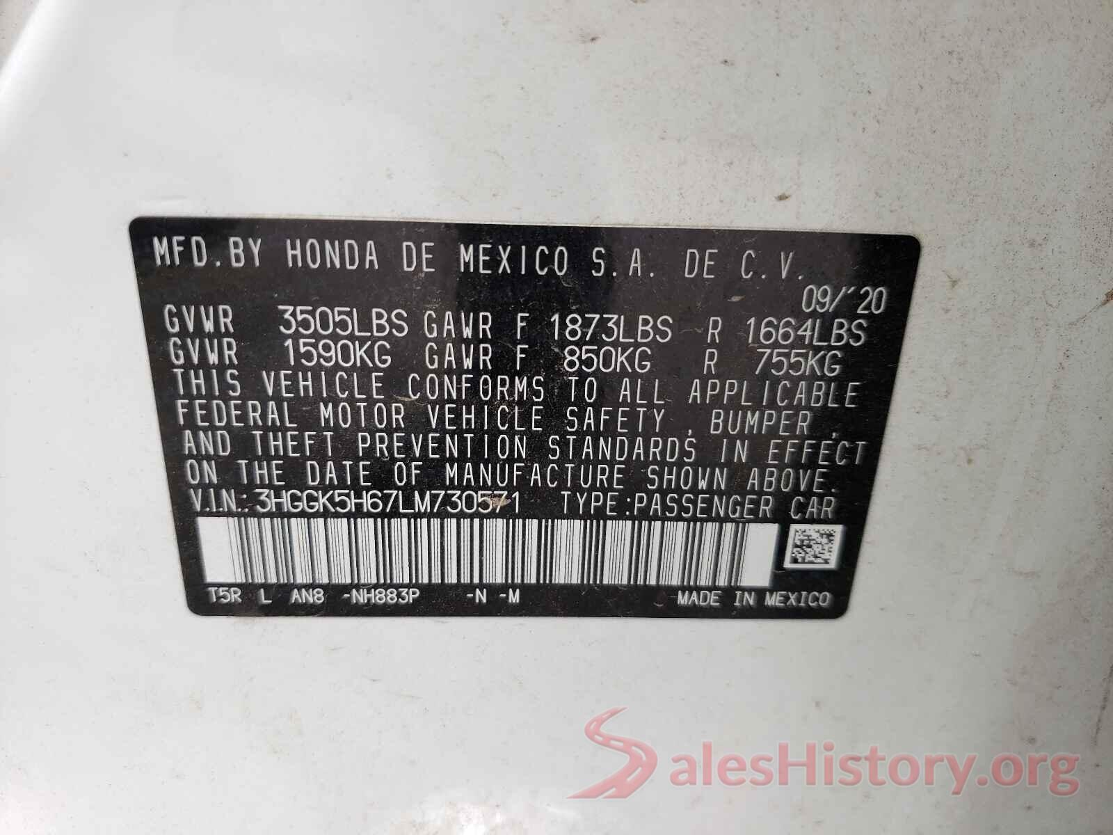 3HGGK5H67LM730571 2020 HONDA FIT