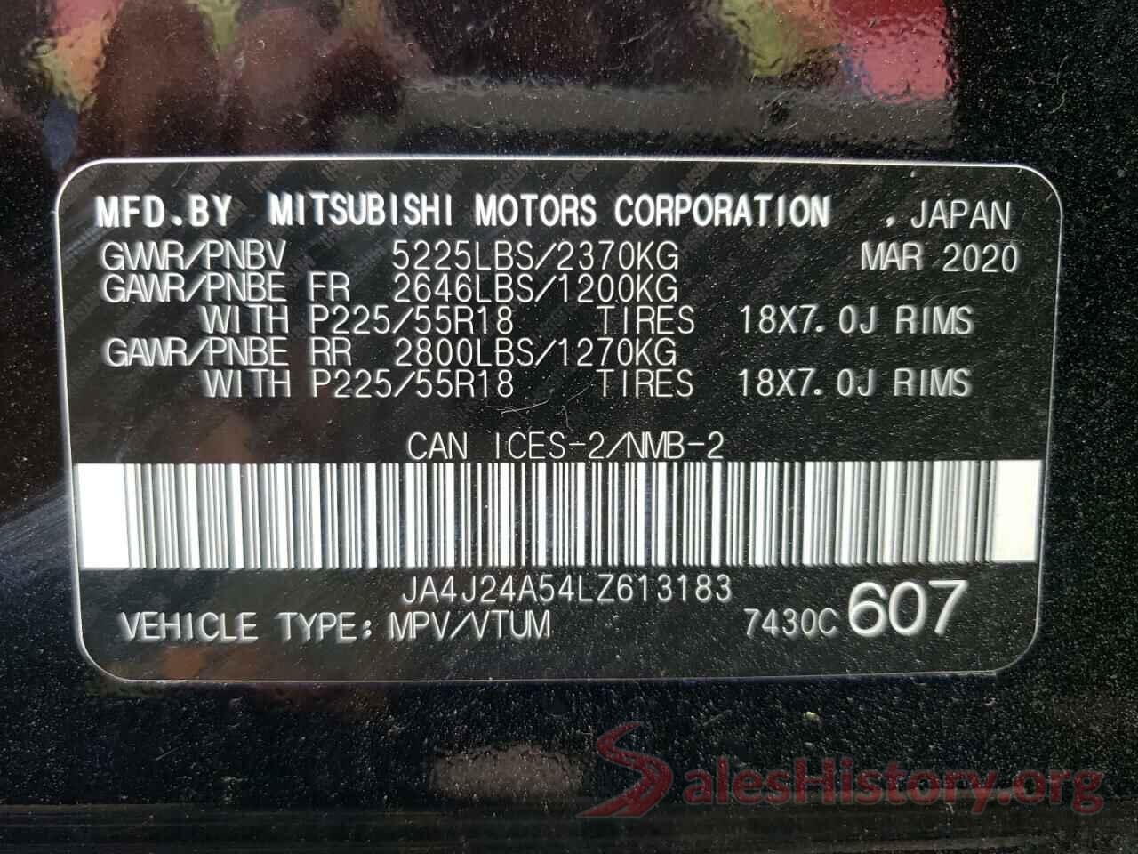 JA4J24A54LZ613183 2020 MITSUBISHI OUTLANDER