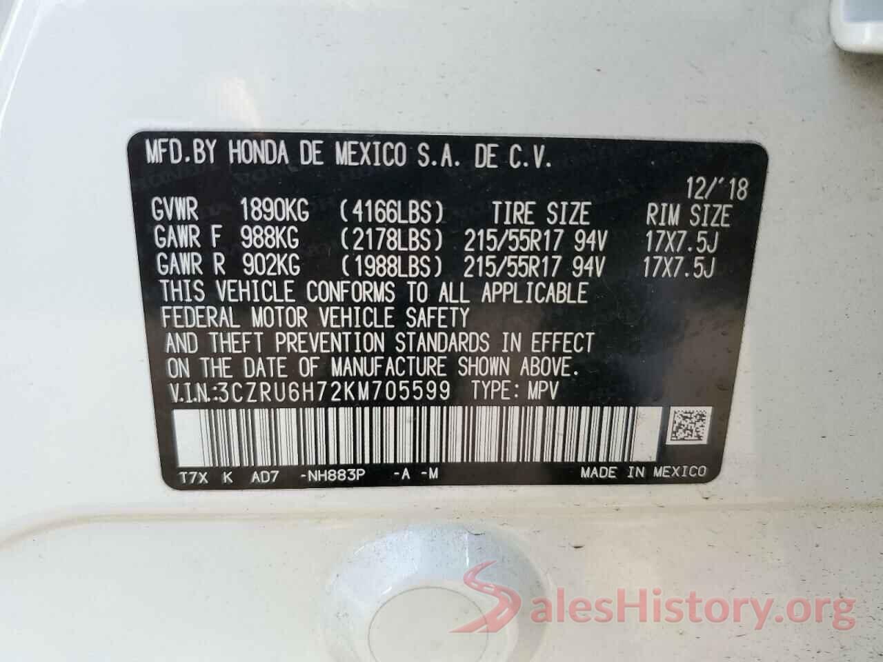 3CZRU6H72KM705599 2019 HONDA HR-V