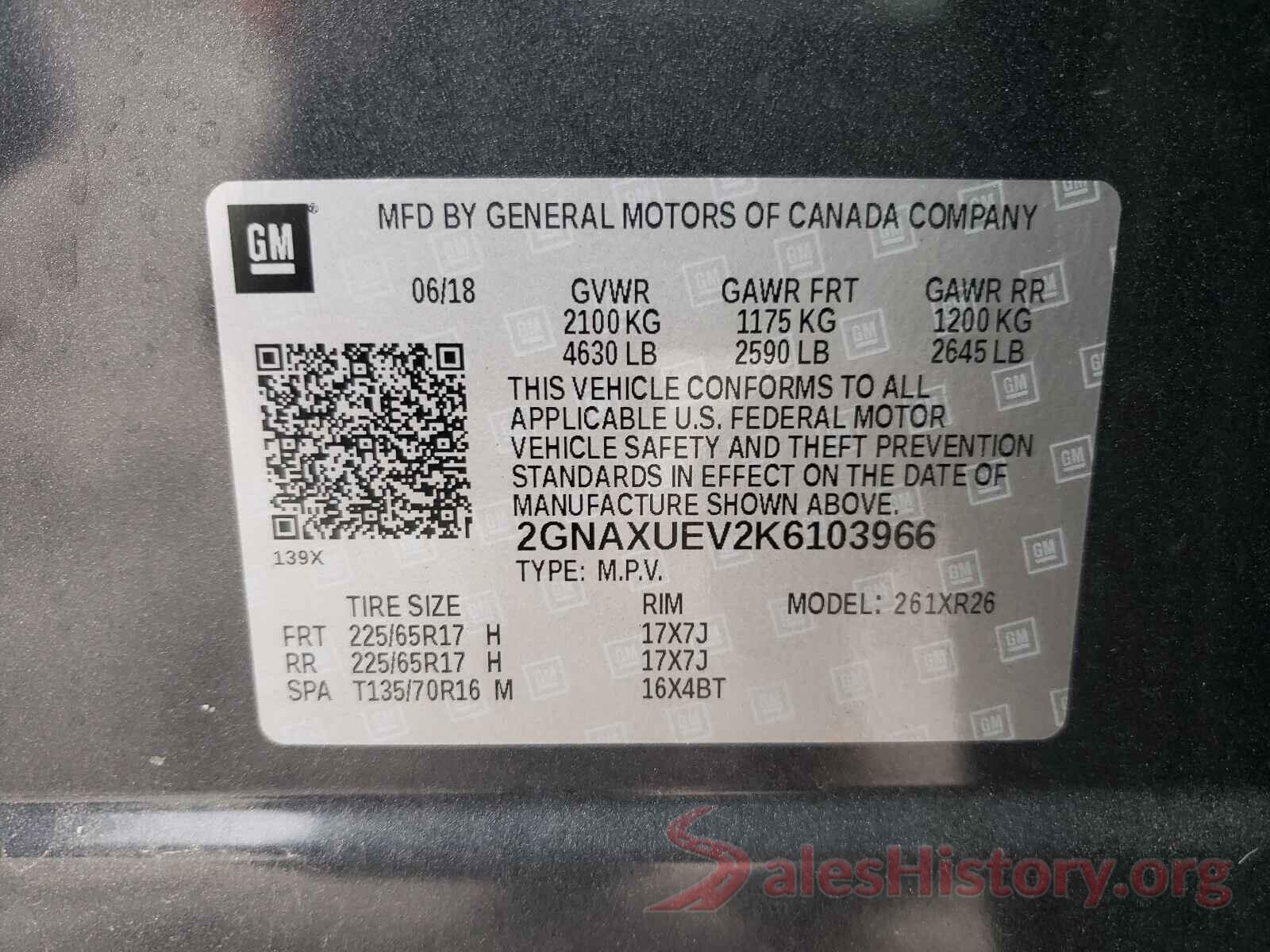 2GNAXUEV2K6103966 2019 CHEVROLET EQUINOX