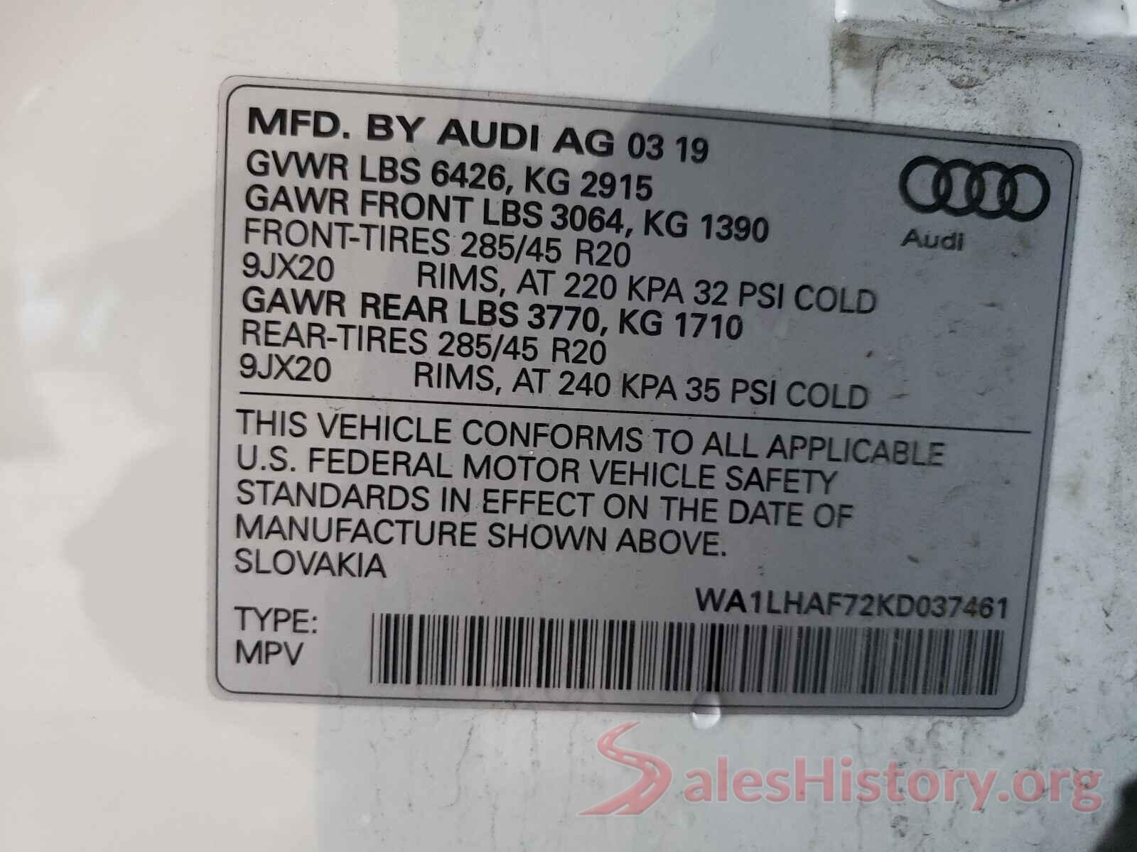 WA1LHAF72KD037461 2019 AUDI Q7