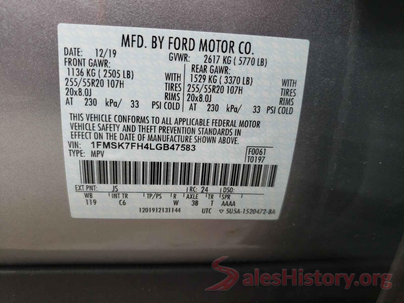 1FMSK7FH4LGB47583 2020 FORD EXPLORER