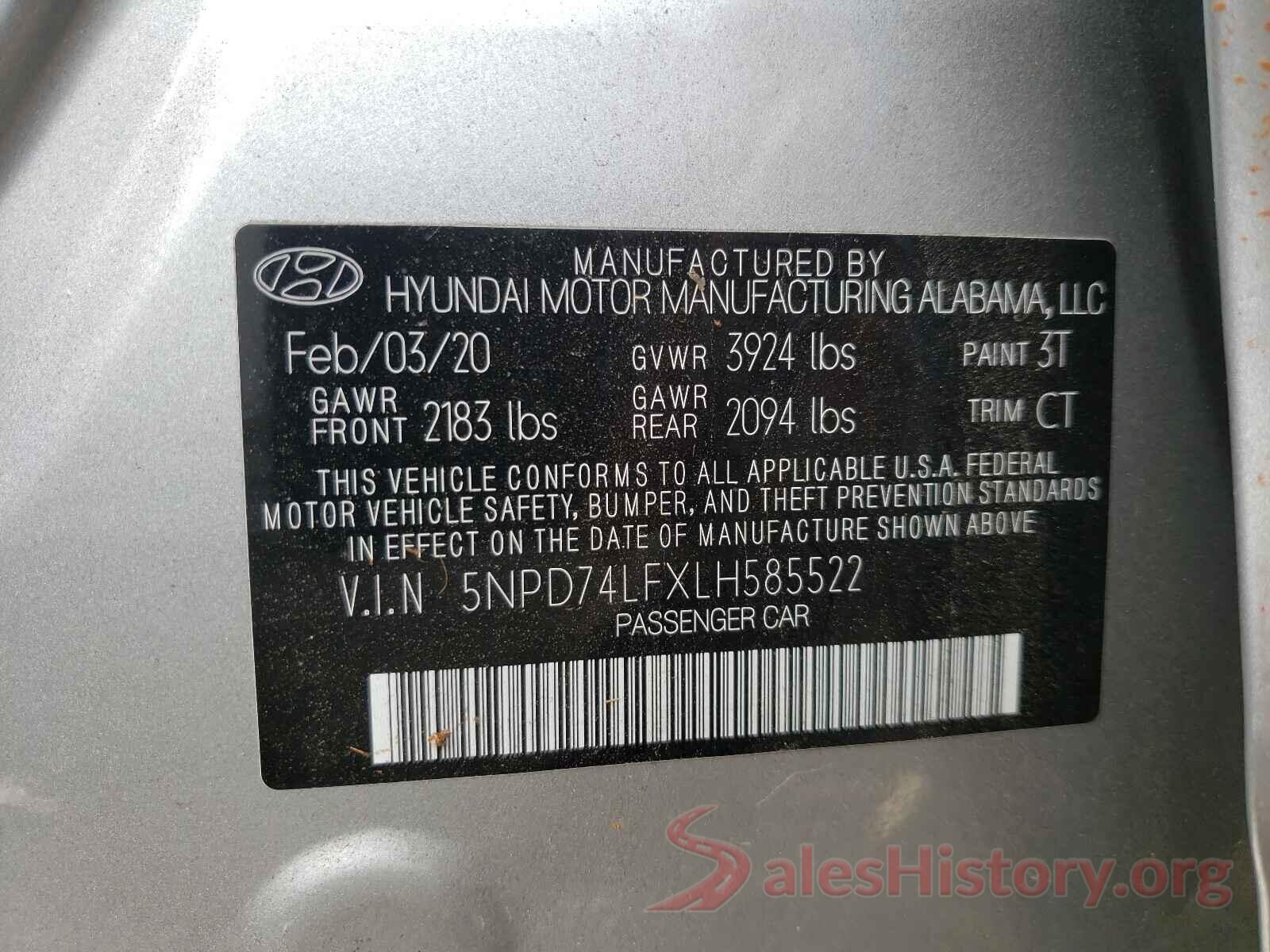 5NPD74LFXLH585522 2020 HYUNDAI ELANTRA