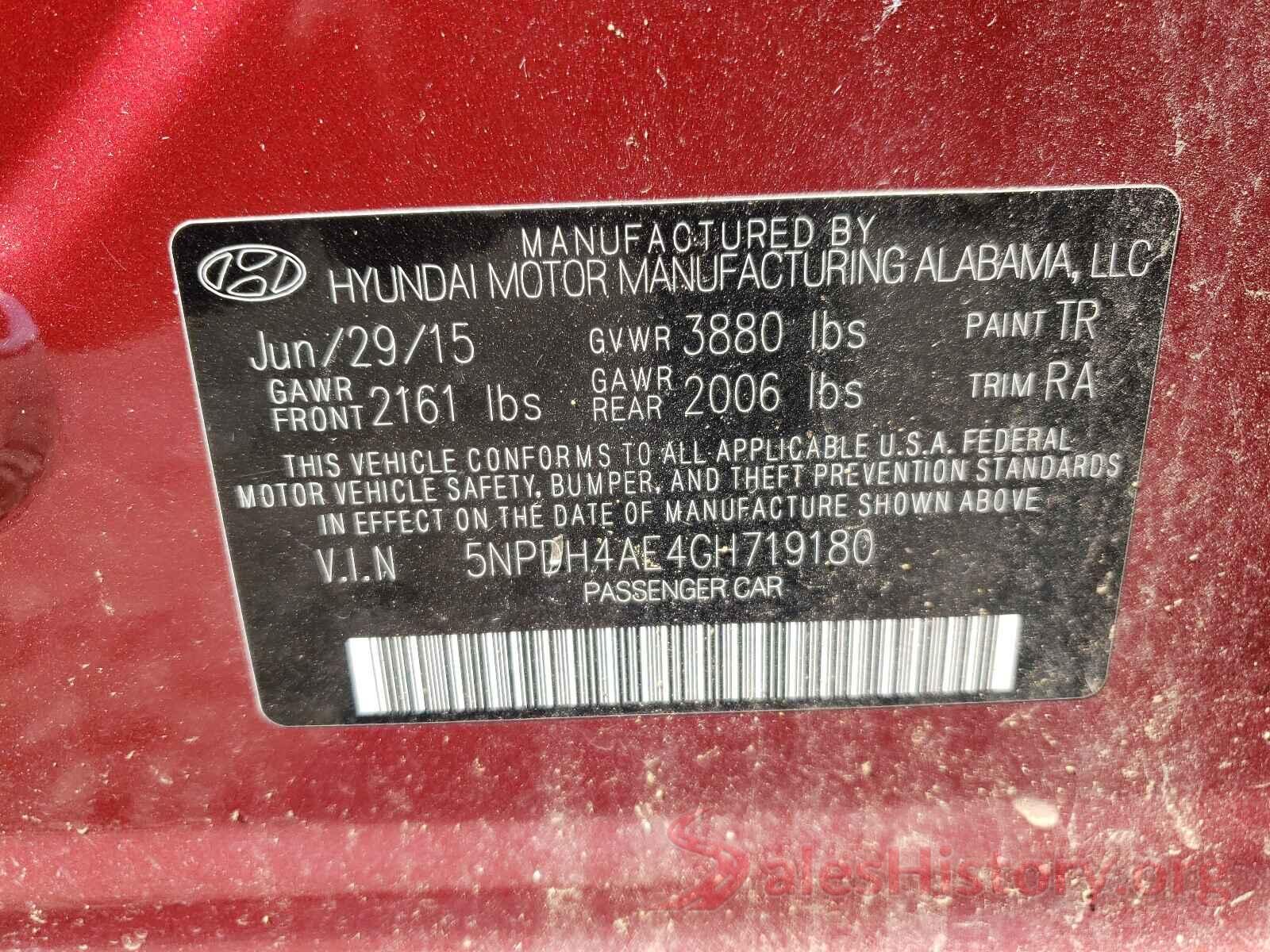 5NPDH4AE4GH719180 2016 HYUNDAI ELANTRA