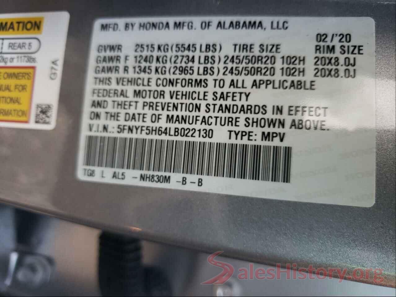 5FNYF5H64LB022130 2020 HONDA PILOT