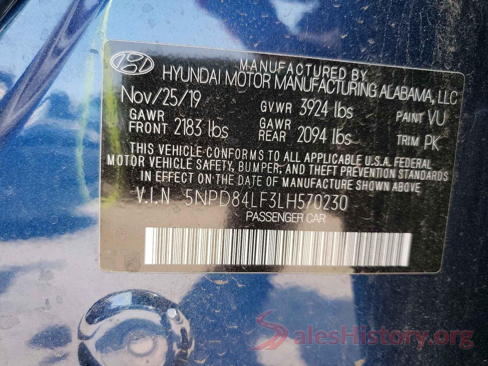 5NPD84LF3LH570230 2020 HYUNDAI ELANTRA