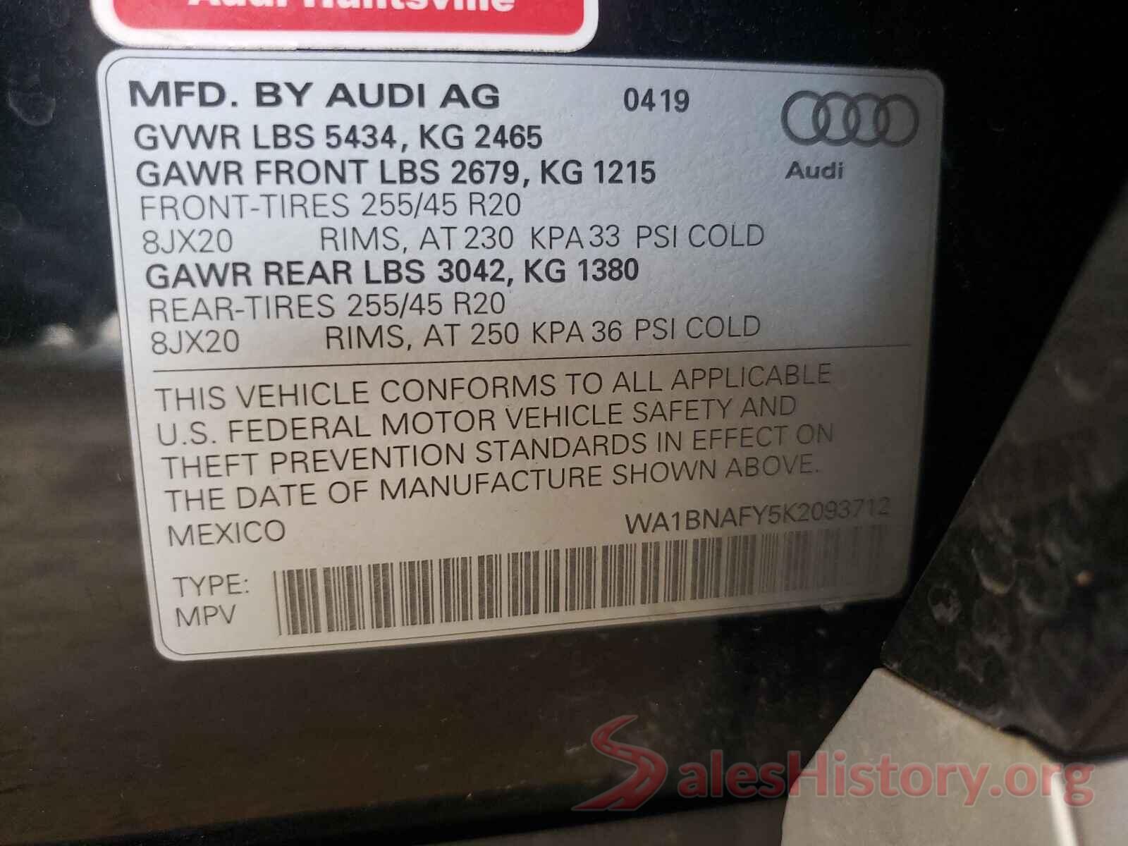 WA1BNAFY5K2093712 2019 AUDI Q5