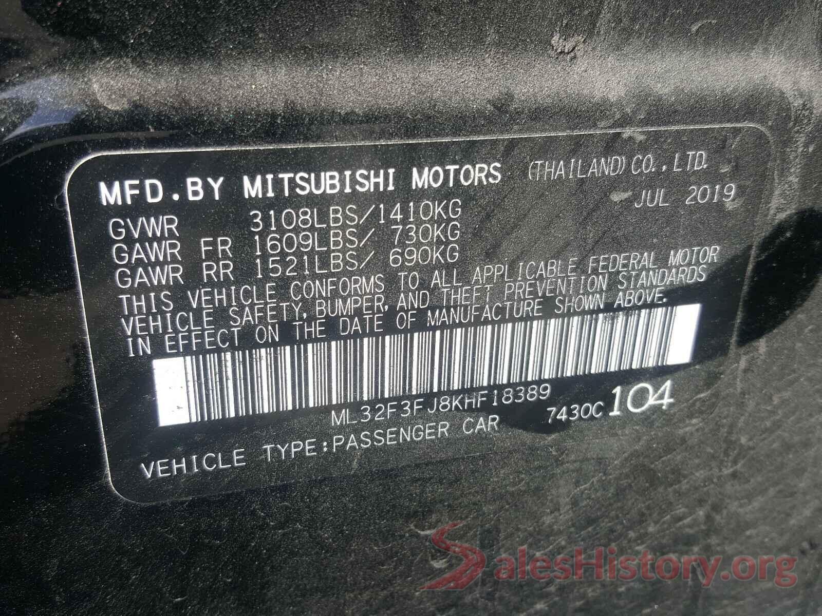 ML32F3FJ8KHF18389 2019 MITSUBISHI MIRAGE