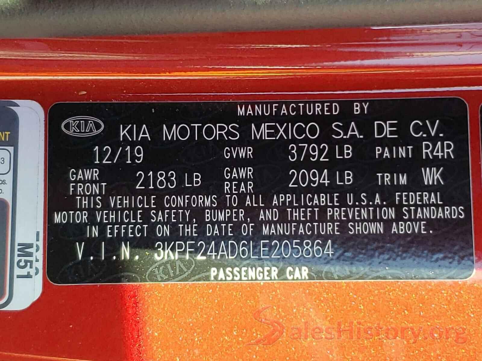 3KPF24AD6LE205864 2020 KIA FORTE