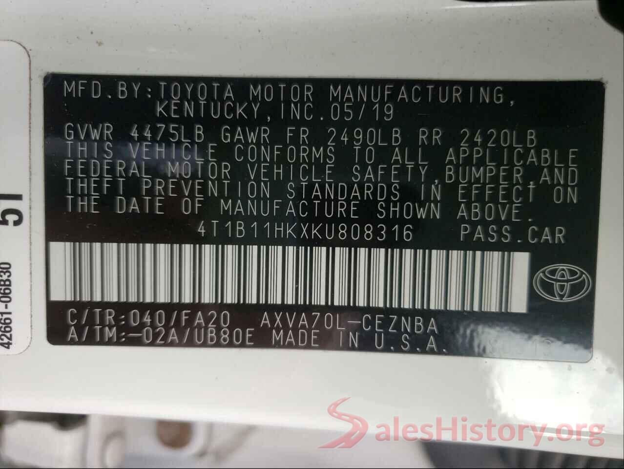 4T1B11HKXKU808316 2019 TOYOTA CAMRY