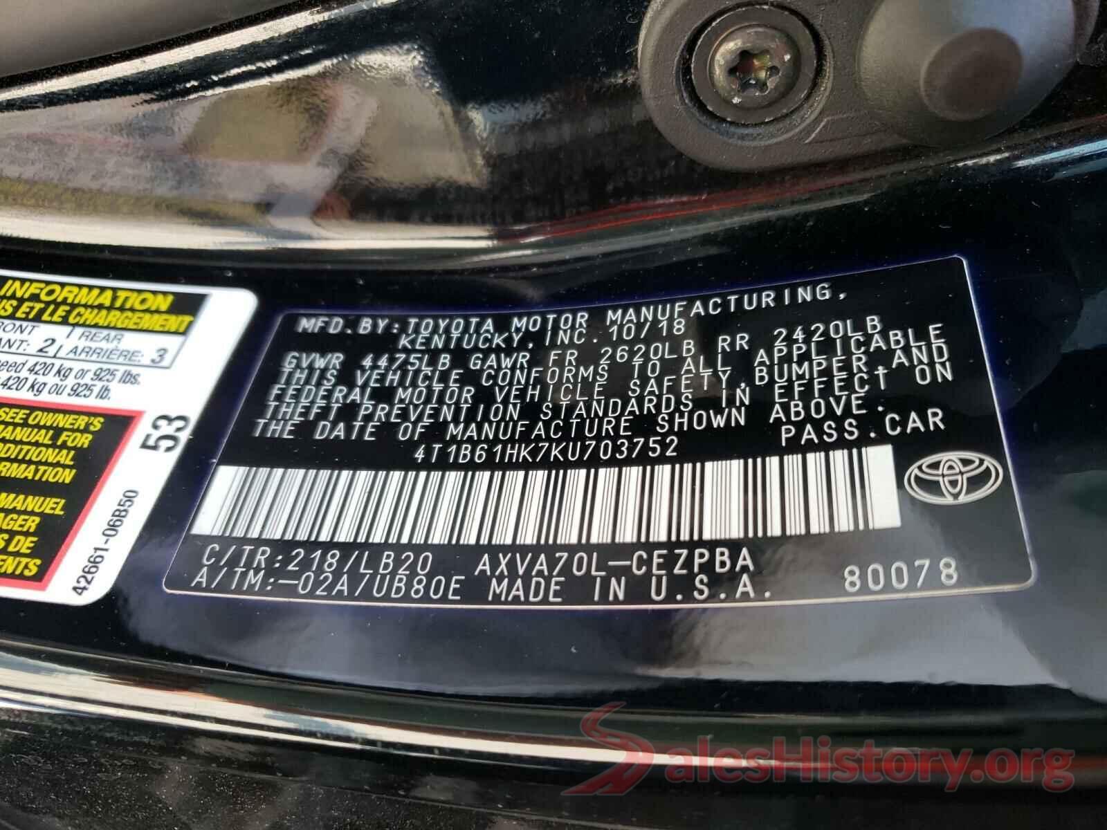 4T1B61HK7KU703752 2019 TOYOTA CAMRY