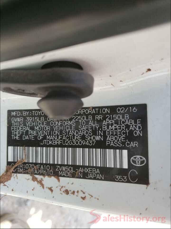 JTDKBRFU2G3009437 2016 TOYOTA PRIUS