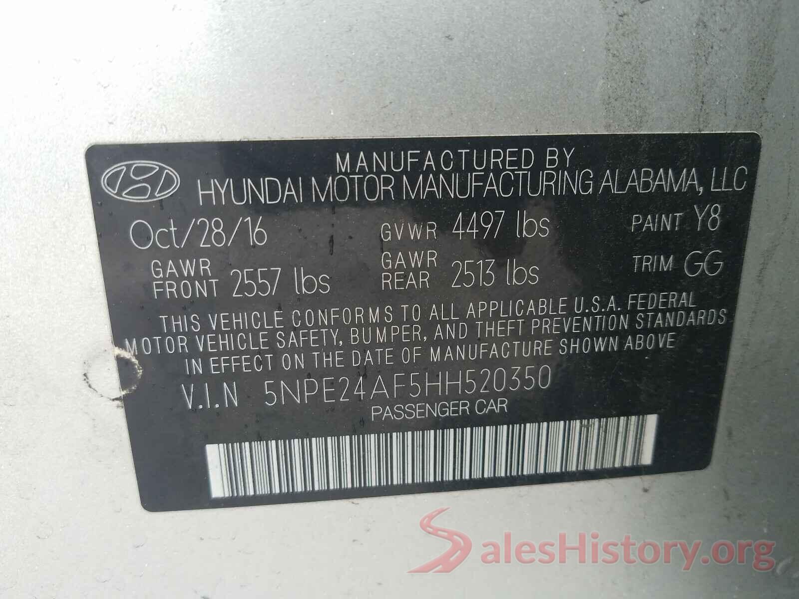 5NPE24AF5HH520350 2017 HYUNDAI SONATA