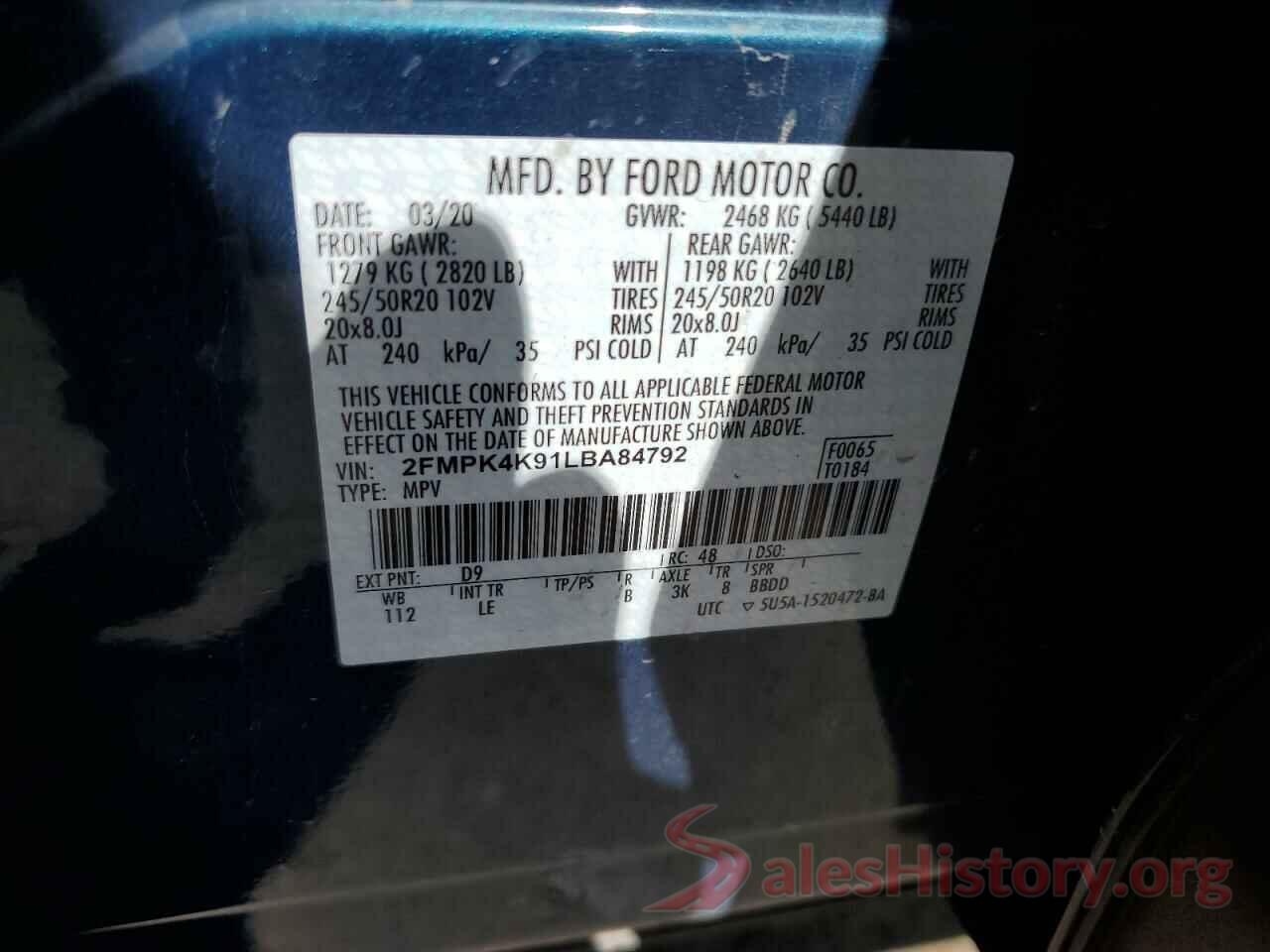 2FMPK4K91LBA84792 2020 FORD EDGE