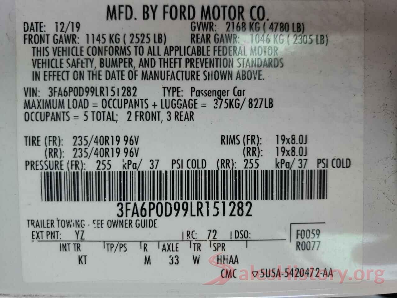 3FA6P0D99LR151282 2020 FORD FUSION