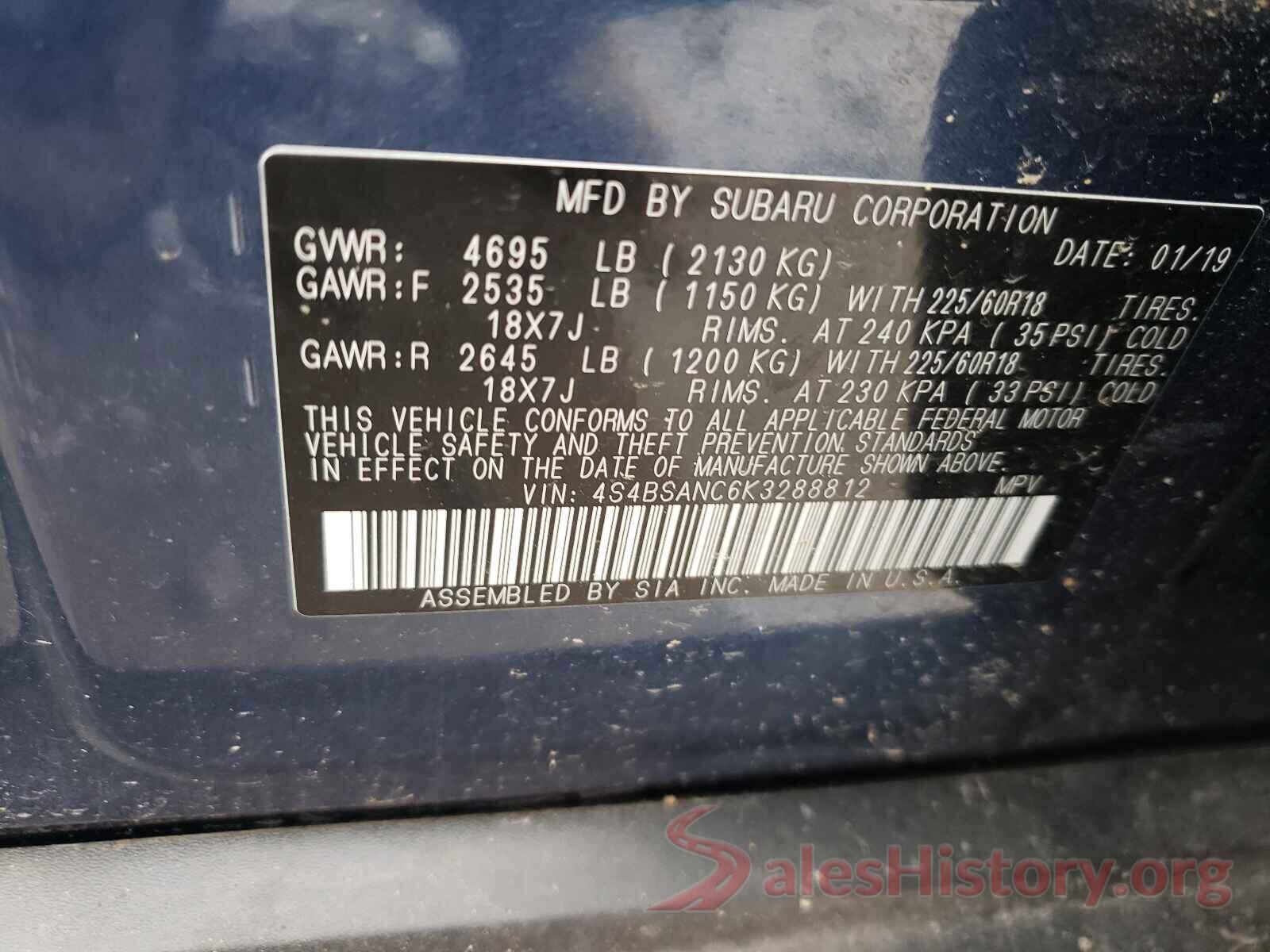 4S4BSANC6K3288812 2019 SUBARU OUTBACK