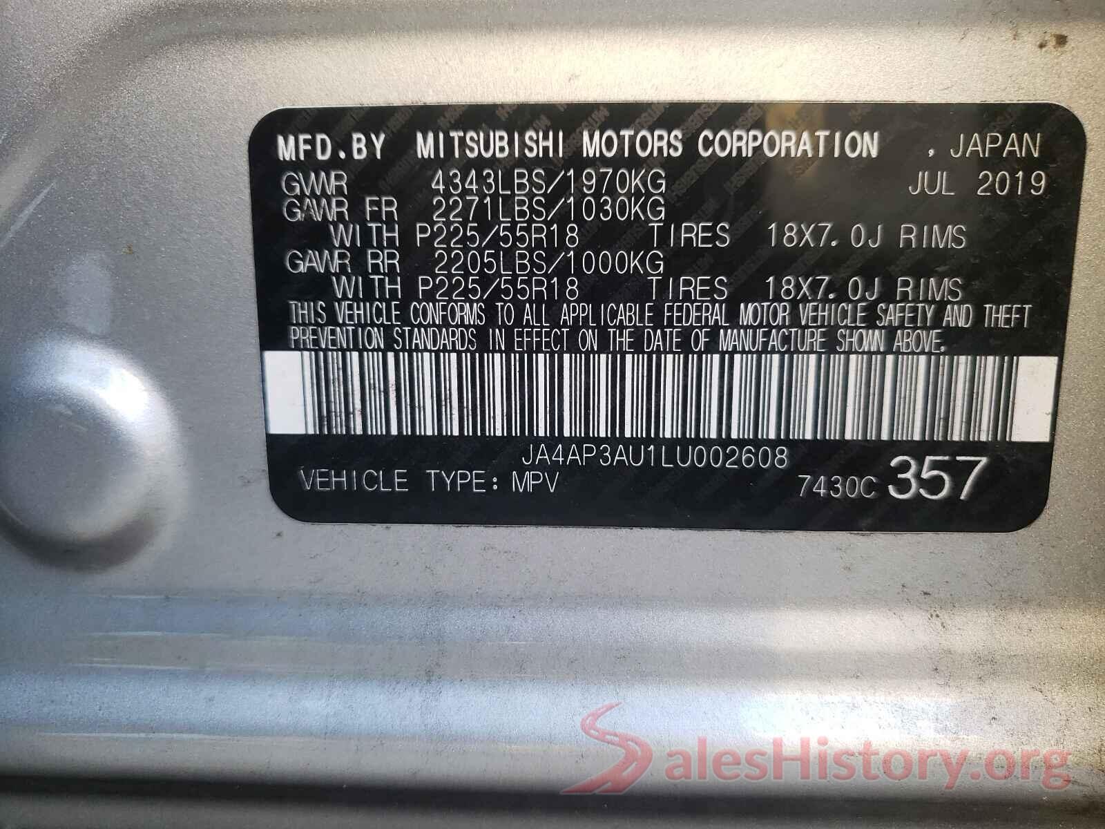 JA4AP3AU1LU002608 2020 MITSUBISHI OUTLANDER