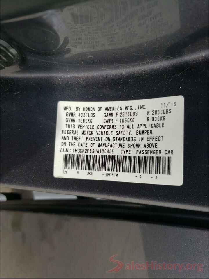 1HGCR2F85HA100405 2017 HONDA ACCORD