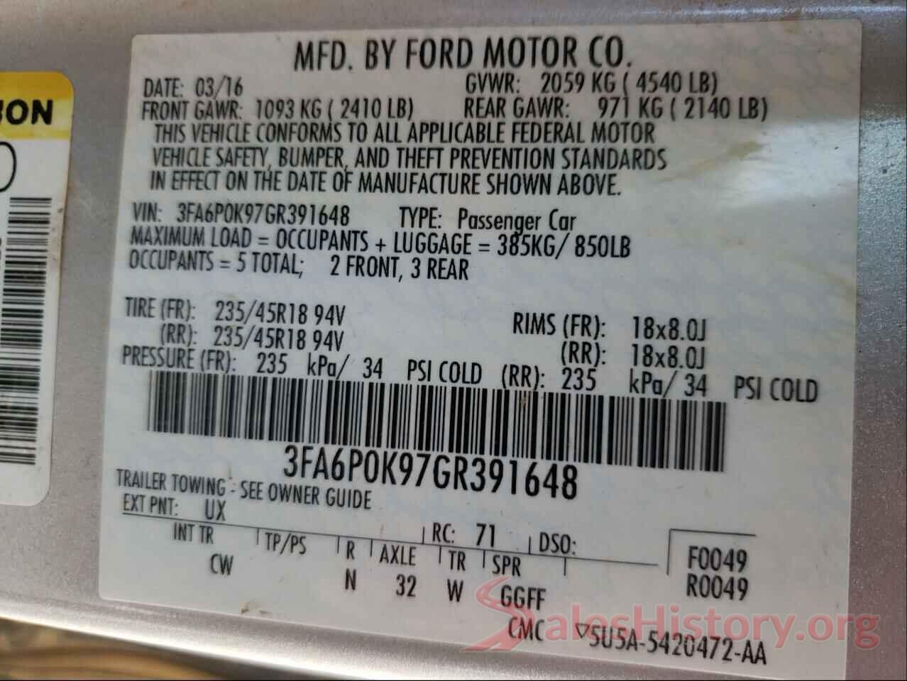 3FA6P0K97GR391648 2016 FORD FUSION