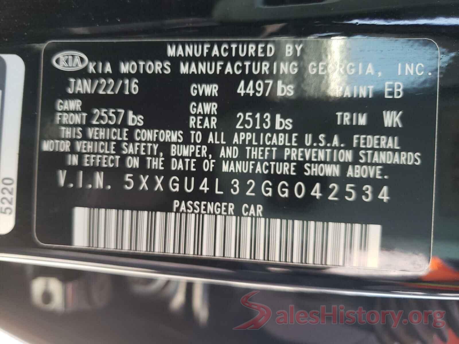 5XXGU4L32GG042534 2016 KIA OPTIMA