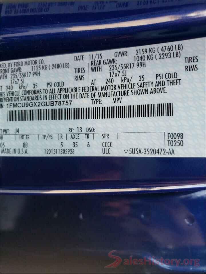 1FMCU9GX2GUB78757 2016 FORD ESCAPE