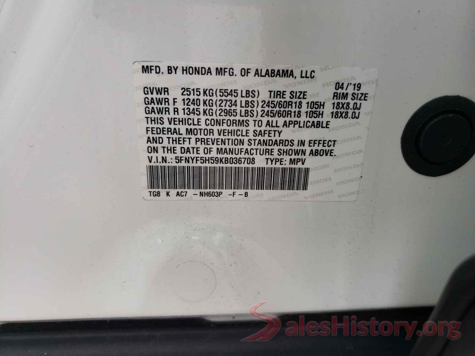 5FNYF5H59KB036708 2019 HONDA PILOT