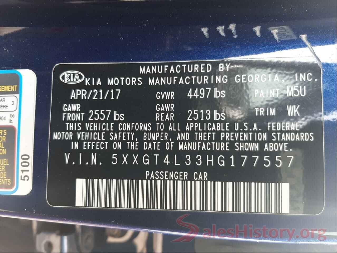 5XXGT4L33HG177557 2017 KIA OPTIMA