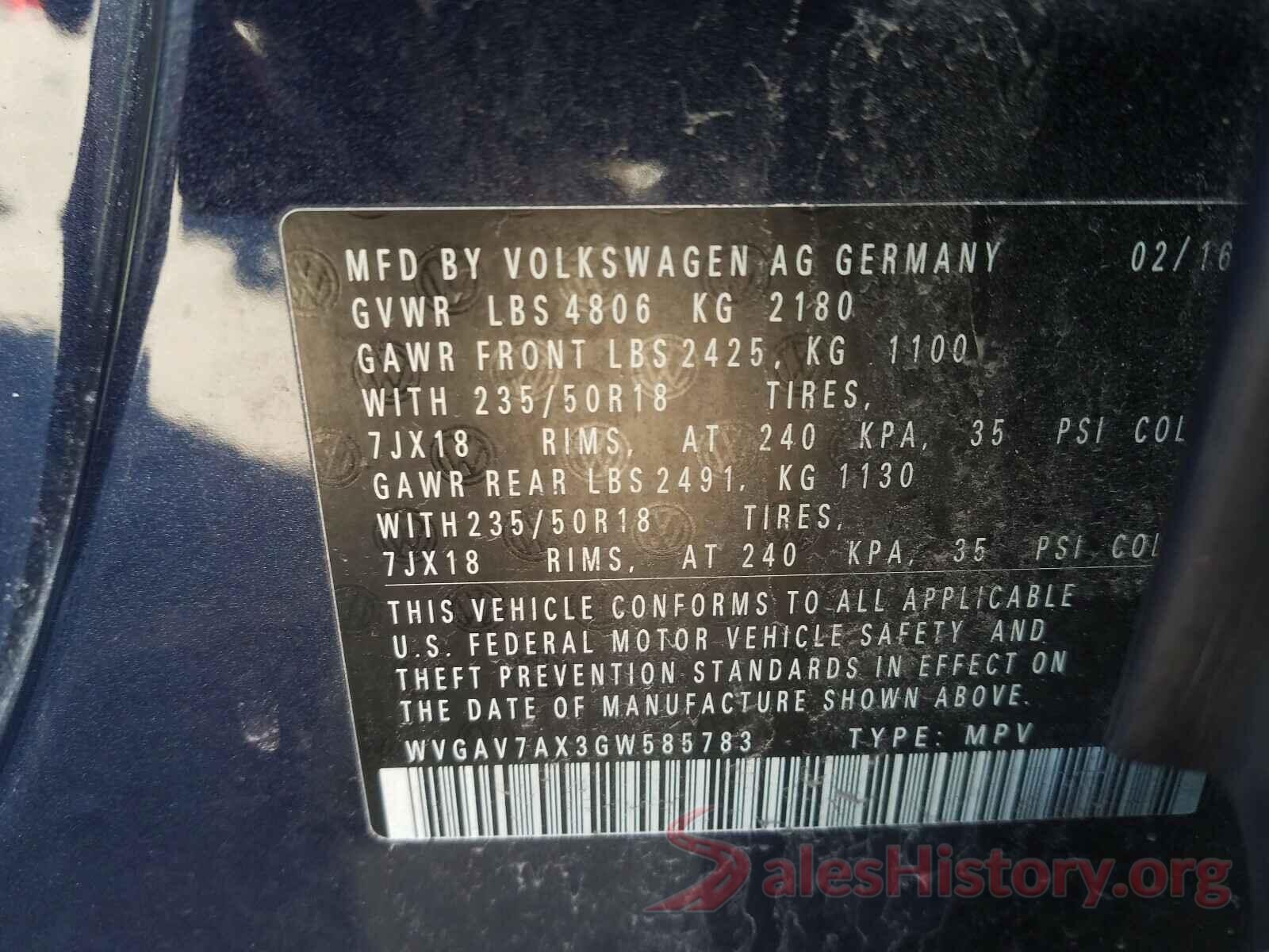 WVGAV7AX3GW585783 2016 VOLKSWAGEN TIGUAN