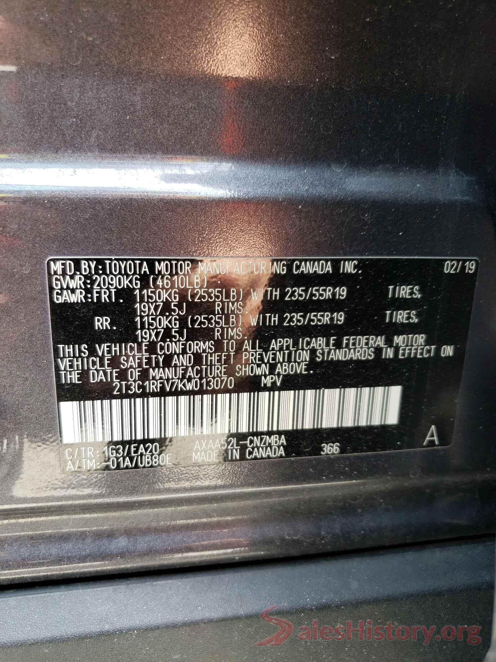 2T3C1RFV7KW013070 2019 TOYOTA RAV4