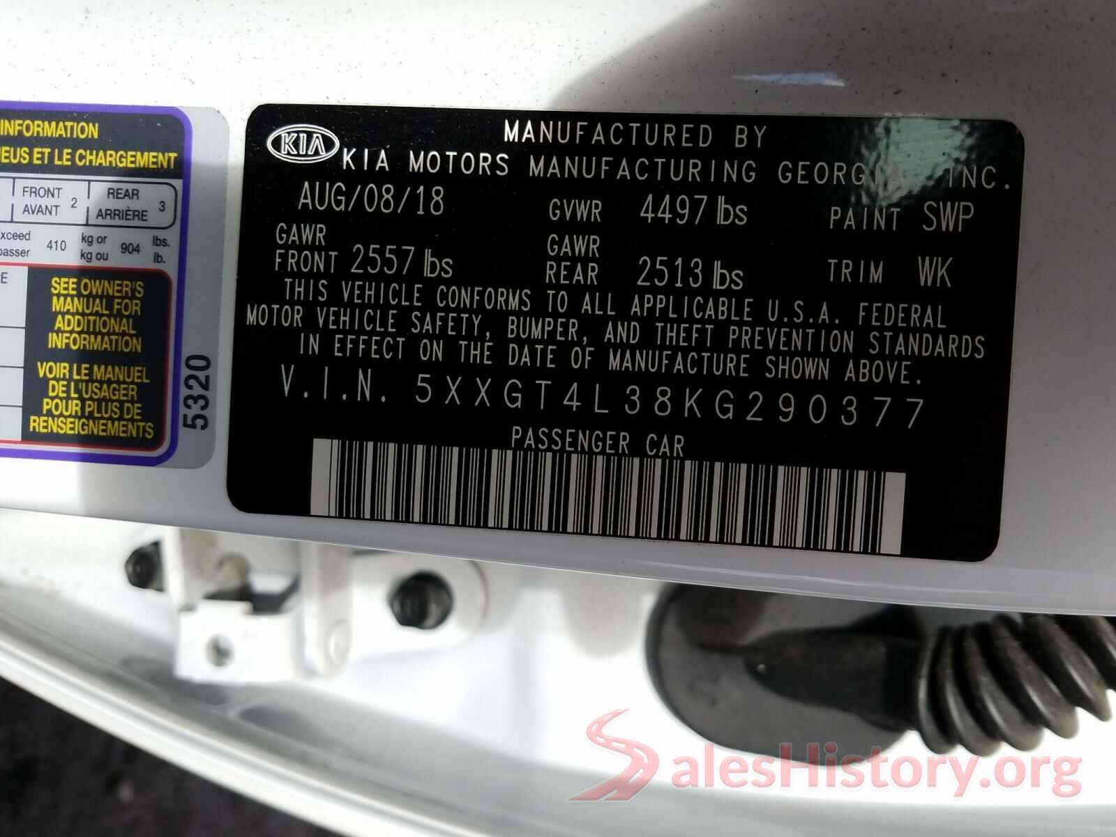 5XXGT4L38KG290377 2019 KIA OPTIMA