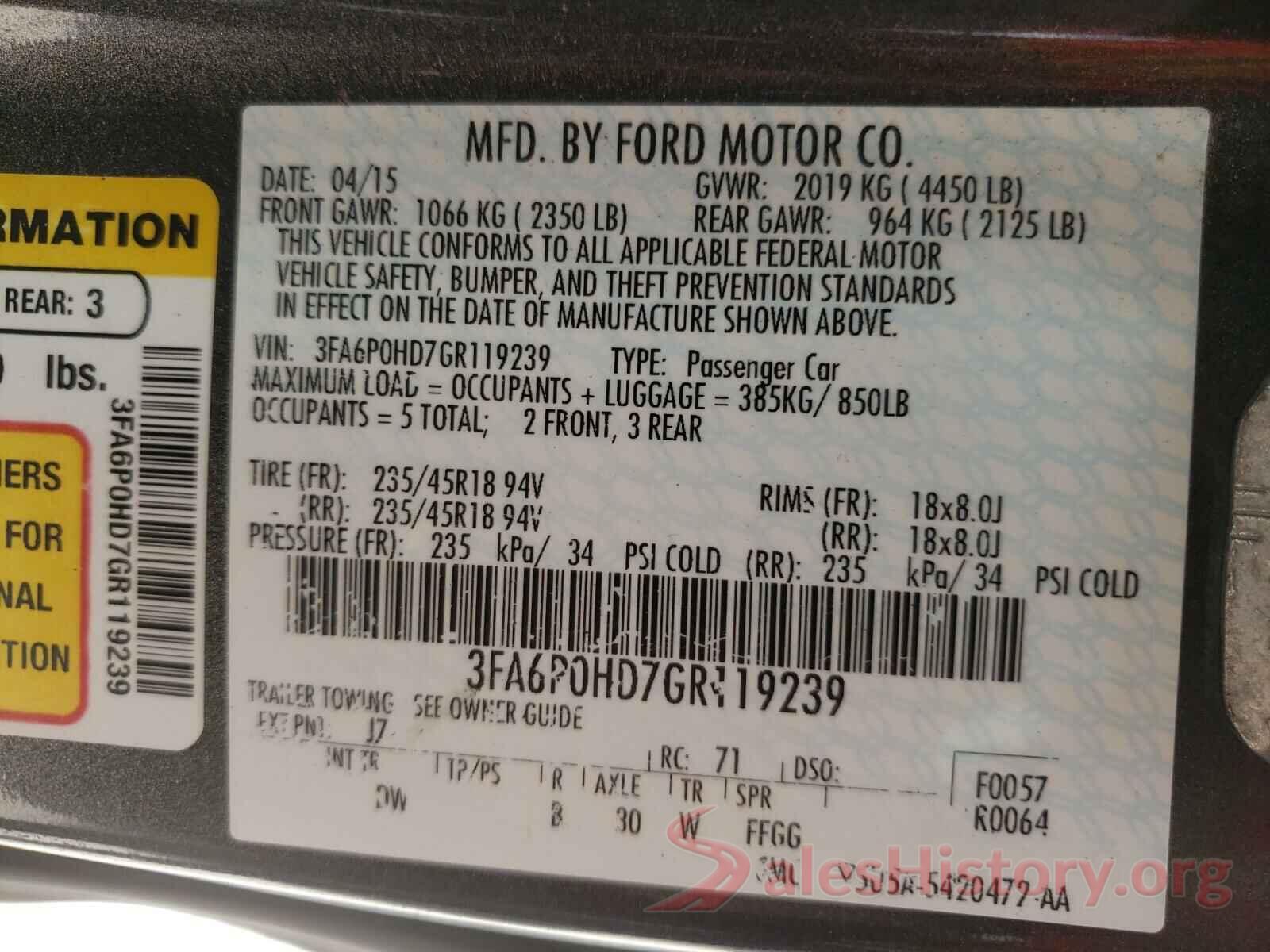 3FA6P0HD7GR119239 2016 FORD FUSION